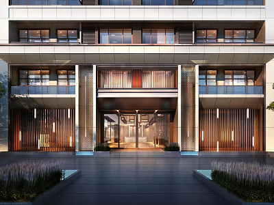 Modern Building Facade Entrance With Glass Doors Wooden Panels And Decorative Lighting 3d model