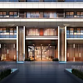 Modern Building Facade Entrance With Glass Doors Wooden Panels And Decorative Lighting