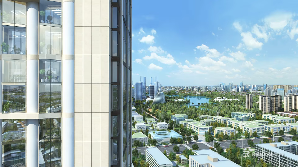 Aerial Planning View Of Modern City With High Rise Buildings Green Spaces And Lake 3d model 
