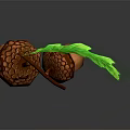 Two Detailed Brown Acorns With Textured Shell And Green Oak Leaf