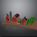 Rural Farm Scene Model With Red Barn Windmill Silos Small House And Green Trees