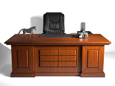 Wooden Executive Office Desk With Black Leather Chair Horse Figurine And Table Lamp 3d model