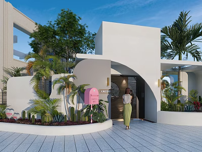 Modern Entrance Gate With Arched Design White Building Green Plants And Pink Mailbox 3d model