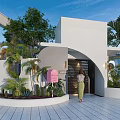 Modern Entrance Gate With Arched Design White Building Green Plants And Pink Mailbox