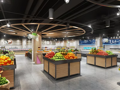 Supermarket Department Store Fresh Fruits Display with Modern Wooden Shelves and Bright Interior Design 3d model