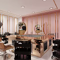 Modern Beauty Salon Interior With Sofas Mirrors Chandeliers Green Plants And Marble Countertops