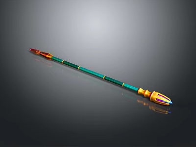 Colorful Decorative Spear With Green Shaft Orange Tip And Yellow Accents 3d model