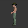 3D Male Character Model With Cowboy Hat Bare Chest Shiny Green Pants And Dark Background