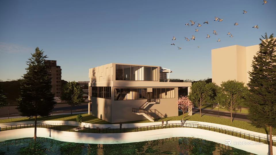 Modern Building Exterior View With Water Pool Flying Birds And Green Trees 3d model 