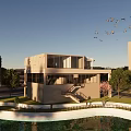 Modern Building Exterior View With Water Pool Flying Birds And Green Trees