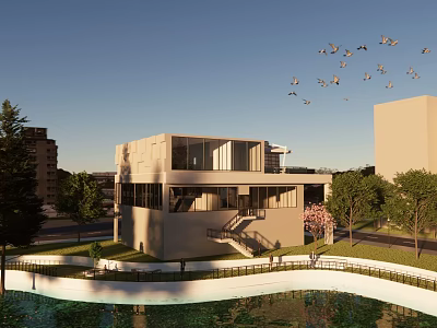 Modern Building Exterior View With Water Pool Flying Birds And Green Trees 3d model