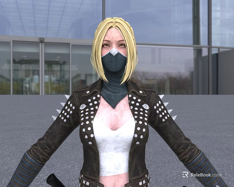 Blonde Woman In Black Mask Studded Leather Jacket And White Top Outside Glass Building 3d model 
