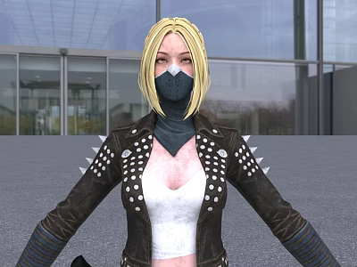 Blonde Woman In Black Mask Studded Leather Jacket And White Top Outside Glass Building 3d model