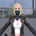 Blonde Woman In Black Mask Studded Leather Jacket And White Top Outside Glass Building