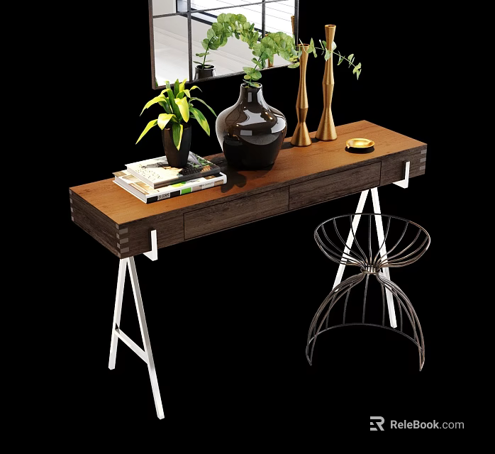 Modern Wooden Desk With Metal Legs Plant Vase And Decorative Books 3d model 