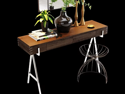 Modern Wooden Desk With Metal Legs Plant Vase And Decorative Books 3d model