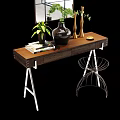 Modern Wooden Desk With Metal Legs Plant Vase And Decorative Books