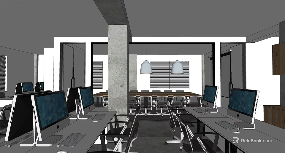 Public Office Space With Desks Computers Chairs Pendant Lights And Concrete Columns 3d model 