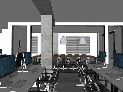 Public Office Space With Desks Computers Chairs Pendant Lights And Concrete Columns 3d model