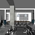 Public Office Space With Desks Computers Chairs Pendant Lights And Concrete Columns