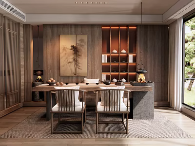Warm Tea Room Interior Design With Wooden Decor Tea Sets Tables Chairs And Natural Light 3d model