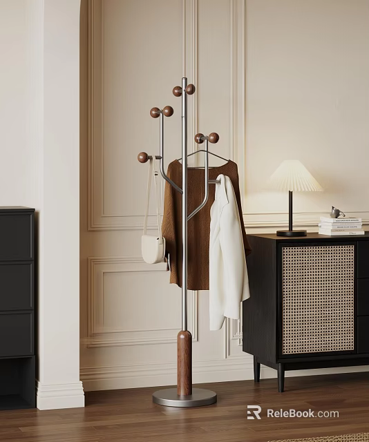 Modern Entryway Cabinet With Side Cabinet Coat Rack Hanging Clothes Table Lamp And Books 3d model 