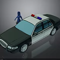 3D Police Car Model With Red And Blue Lights And Blue Figure Standing On Roof