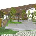 Modern Architectural Structure With Unique Roof Design Palm Trees Green Slope And Water Reflection