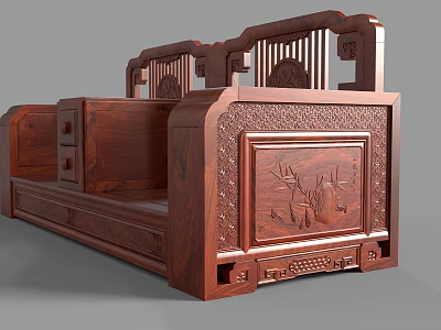 Traditional Red Wood Two Seater Sofa With Intricate Carved Patterns And Classic Design Elements 3d model