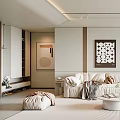 Modern Living Room Interior With Light Colored Sofa Geometric Wall Art And Round Coffee Table