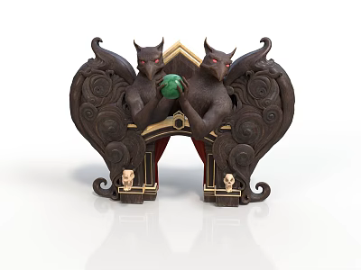 Dark Colored Carved Decorative Sculpture With Demon Figures Holding Green Object And Small Human Statues 3d model