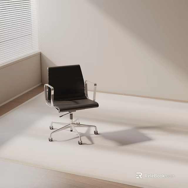 Modern Black Office Chair With Silver Frame Swivel Wheels Against White Wall In Room Corner 3d model 