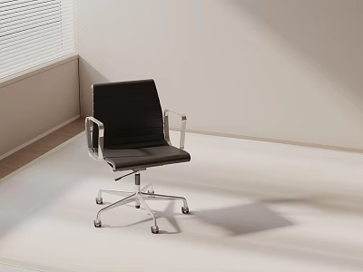 Modern Black Office Chair With Silver Frame Swivel Wheels Against White Wall In Room Corner 3d model