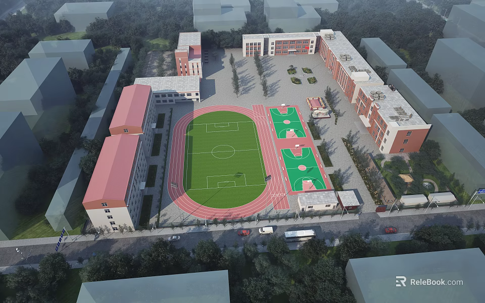Modern School Building Complex Featuring Football Field Running Track And Green Surroundings 3d model 