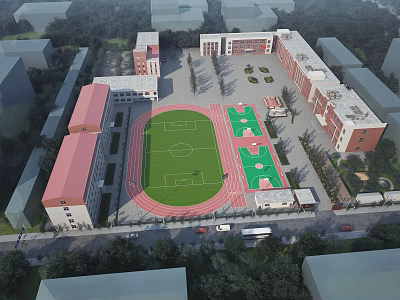 Modern School Building Complex Featuring Football Field Running Track And Green Surroundings 3d model