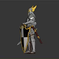 Man in Silver Armor with Golden Horned Helmet Holding Sword and Black and White Shield