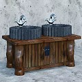 Natural Rustic Wooden Vanity With Double Stone Textured Washbasins And Golden Faucets