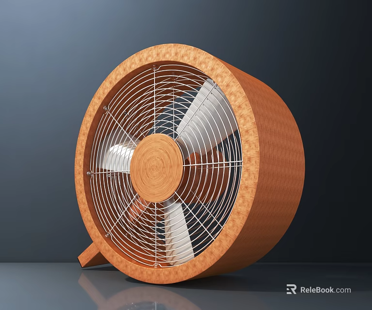 Wooden Air Cooler Fan With Round Design Metal Grille And White Blades 3d model 