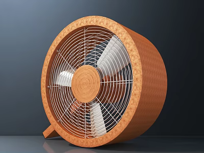 Wooden Air Cooler Fan With Round Design Metal Grille And White Blades 3d model