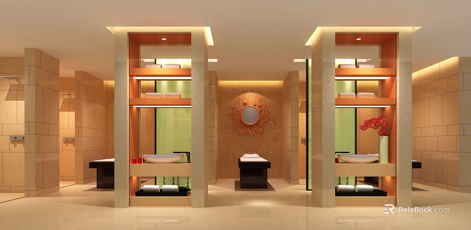 Elegant SPA Sauna Interior Design With Wooden Shelves Massage Tables And Decorative Mirror 3d model 