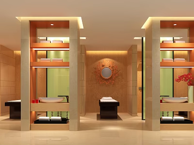 Elegant SPA Sauna Interior Design With Wooden Shelves Massage Tables And Decorative Mirror 3d model