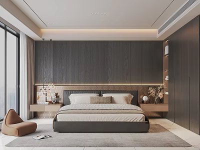 Elegant Modern Bedroom Interior Design With Dark Wood Accent Wall Bedside Tables And Brown Armchair 3d model