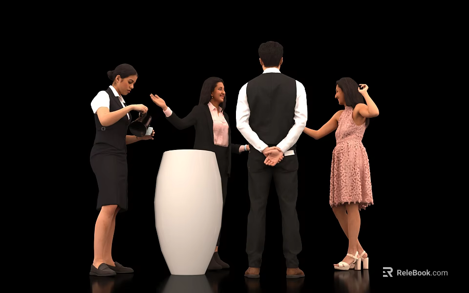 Group of People Interacting with Black Uniform and Pink Dress Near White Decorative Vase 3d model 