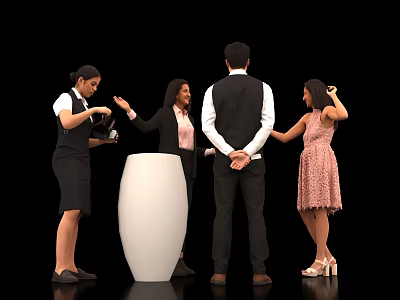 Group of People Interacting with Black Uniform and Pink Dress Near White Decorative Vase 3d model
