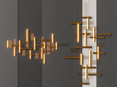 Modern Geometric Wall Decor with Golden Metal Elements on Striped Black Background 3d model