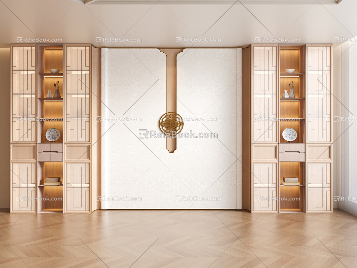 New Chinese Style Background Wall Side Cabinet Wine Cabinet Bookcase Background Wall Cabinet Decorative Cabinet 3d model