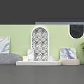 Modern Interior Design With Green Wall Arched Doorway Marble Accents Geometric Shapes And Potted Plant