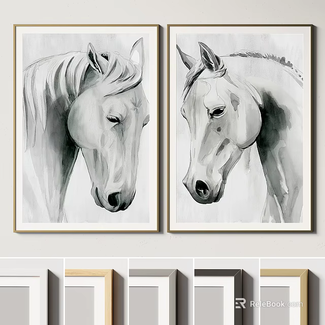 Black and White Animal Paintings Featuring Two Horse Portraits in Framed Artwork for Wall Decor 3d model 