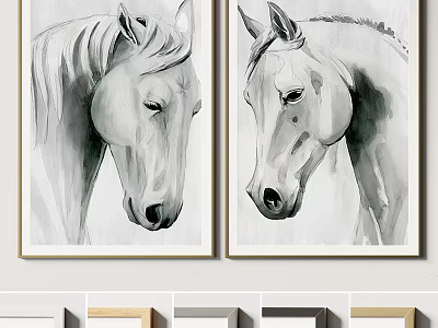Black and White Animal Paintings Featuring Two Horse Portraits in Framed Artwork for Wall Decor 3d model