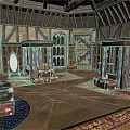 Medieval Half Timbered Building Interior With Wooden Truss Roof Large Windows And Carpets